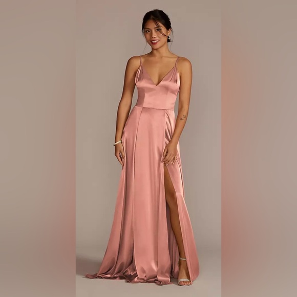 Signature Dresses & Skirts - David’s Bridal Galina Signature Charmeuse Deep V-Neck A-Line Dress Dessert Coral